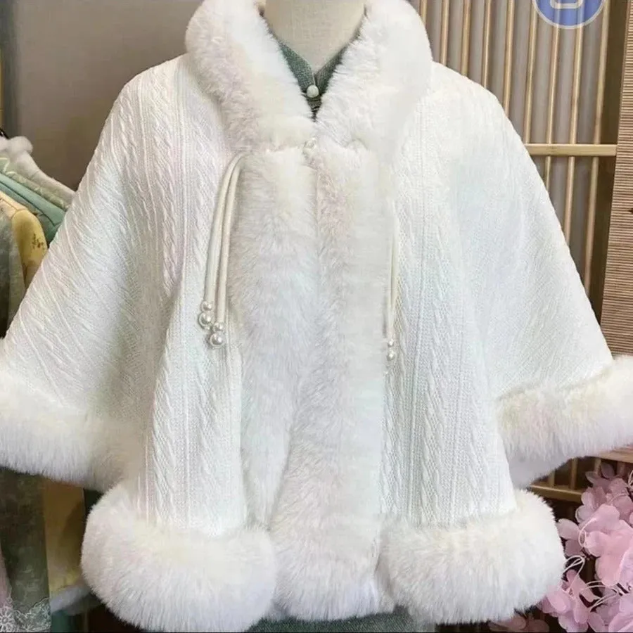 Elegant Sweet Chinese Vintage Style Faux Fur Cape Women Winter Knit Jacquard Shawl Coat Party Dress Wraps Cloak Thicken Fleece