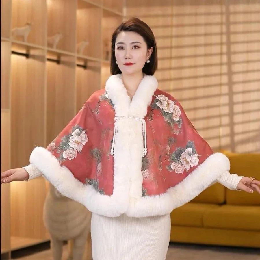 Elegant Sweet Chinese Vintage Style Faux Fur Cape Women Winter Knit Jacquard Shawl Coat Party Dress Wraps Cloak Thicken Fleece