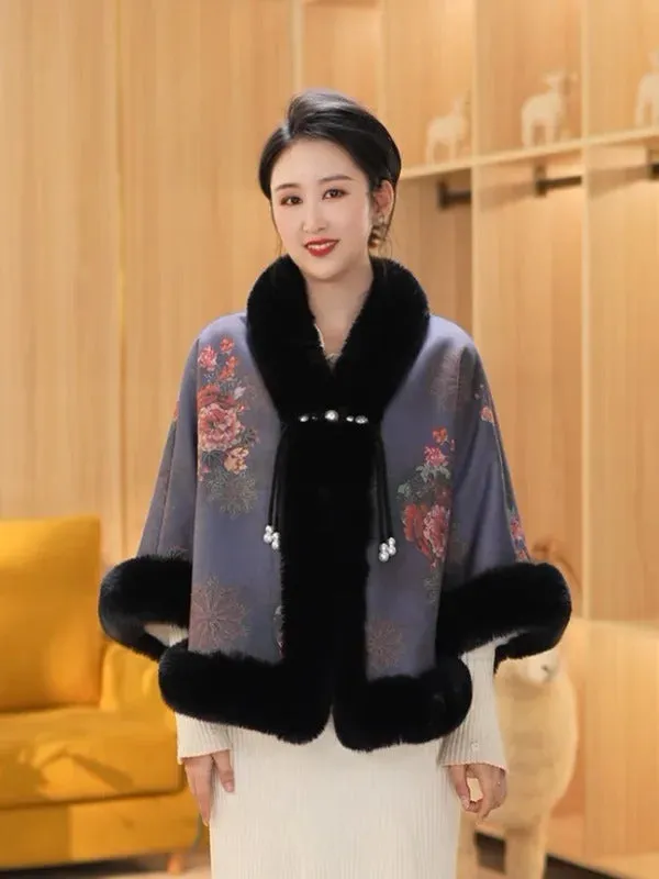 Elegant Sweet Chinese Vintage Style Faux Fur Cape Women Winter Knit Jacquard Shawl Coat Party Dress Wraps Cloak Thicken Fleece