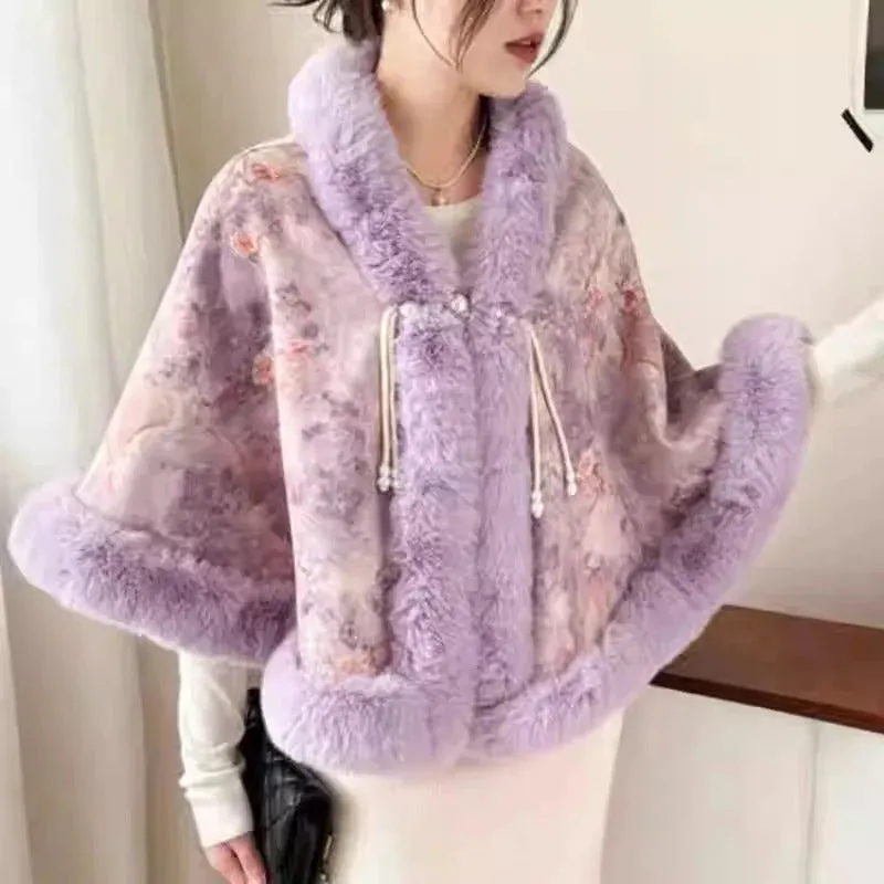 Elegant Sweet Chinese Vintage Style Faux Fur Cape Women Winter Knit Jacquard Shawl Coat Party Dress Wraps Cloak Thicken Fleece