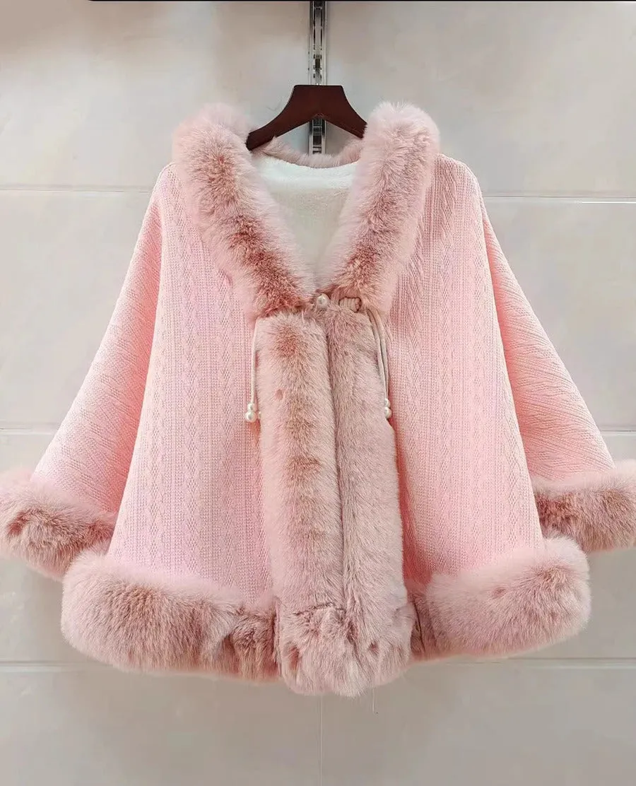 Elegant Sweet Chinese Vintage Style Faux Fur Cape Women Winter Knit Jacquard Shawl Coat Party Dress Wraps Cloak Thicken Fleece