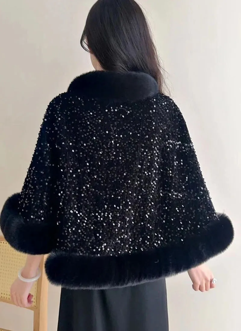 Elegant Sweet Chinese Vintage Style Faux Fur Cape Women Winter Knit Jacquard Shawl Coat Party Dress Wraps Cloak Thicken Fleece