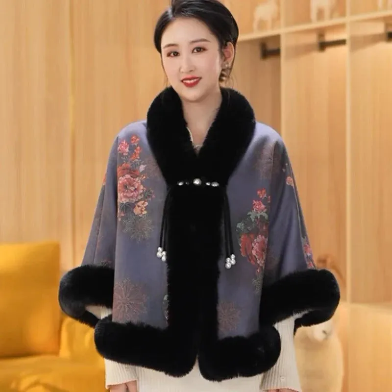 Elegant Sweet Chinese Vintage Style Faux Fur Cape Women Winter Knit Jacquard Shawl Coat Party Dress Wraps Cloak Thicken Fleece