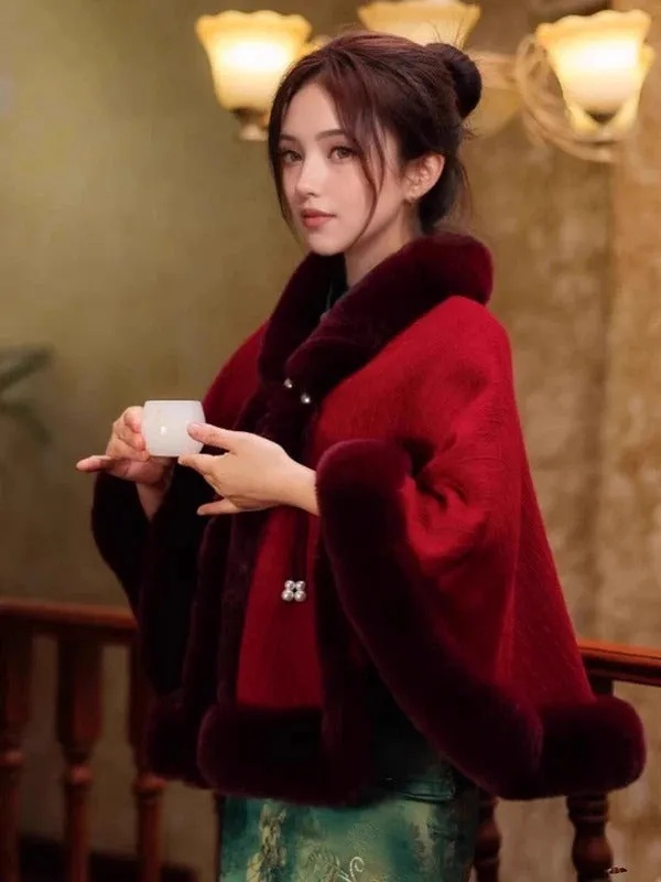 Elegant Sweet Chinese Vintage Style Faux Fur Cape Women Winter Knit Jacquard Shawl Coat Party Dress Wraps Cloak Thicken Fleece