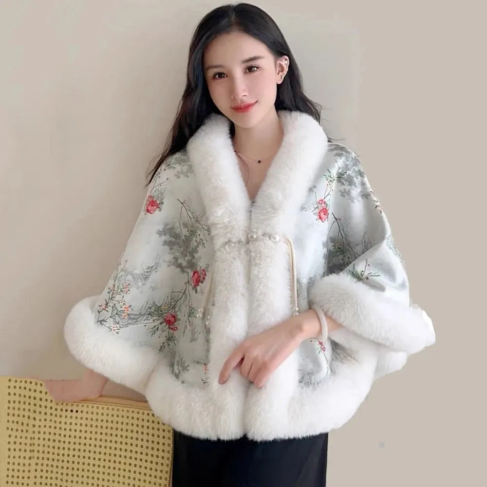 Elegant Sweet Chinese Vintage Style Faux Fur Cape Women Winter Knit Jacquard Shawl Coat Party Dress Wraps Cloak Thicken Fleece