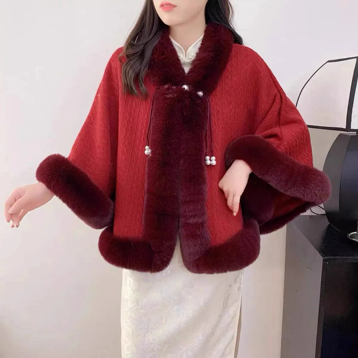 Elegant Sweet Chinese Vintage Style Faux Fur Cape Women Winter Knit Jacquard Shawl Coat Party Dress Wraps Cloak Thicken Fleece