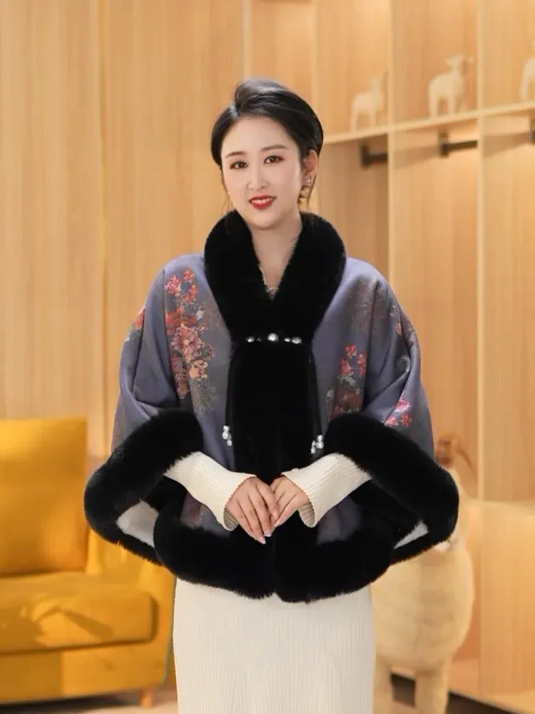 Elegant Sweet Chinese Vintage Style Faux Fur Cape Women Winter Knit Jacquard Shawl Coat Party Dress Wraps Cloak Thicken Fleece