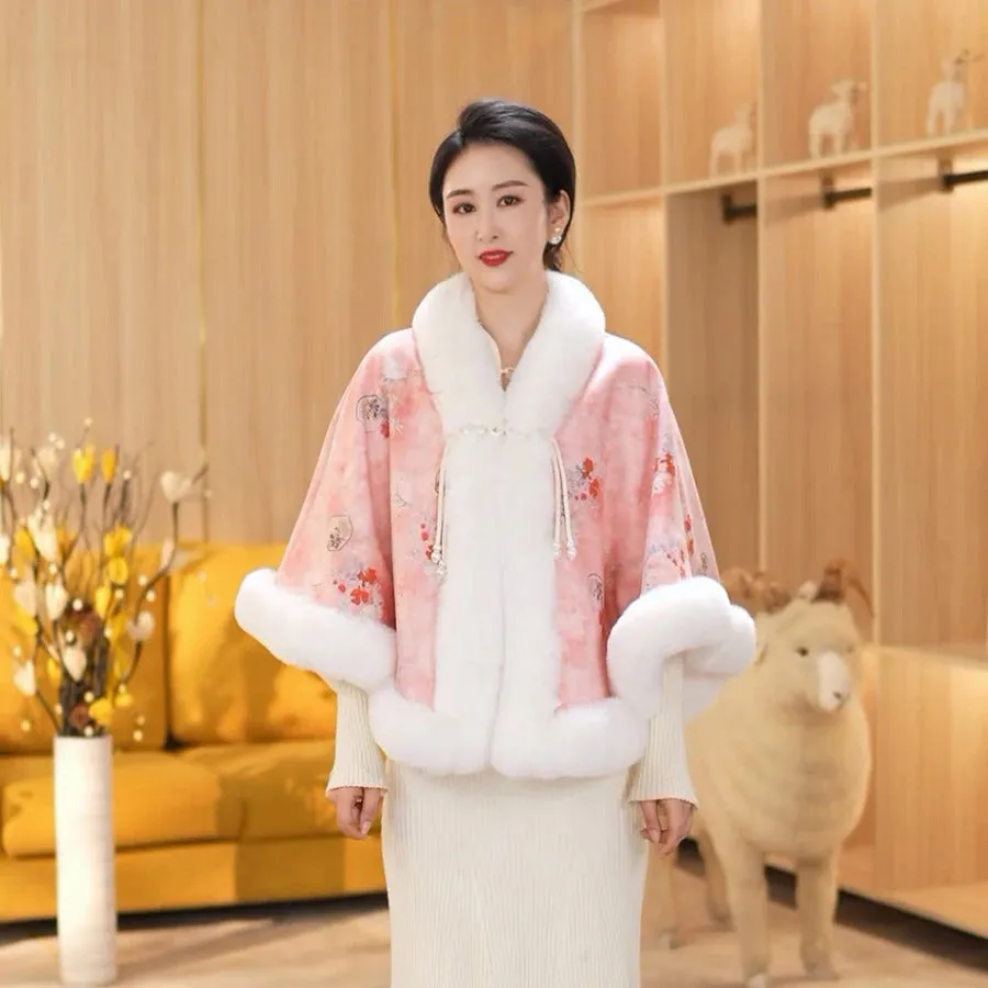 Elegant Sweet Chinese Vintage Style Faux Fur Cape Women Winter Knit Jacquard Shawl Coat Party Dress Wraps Cloak Thicken Fleece