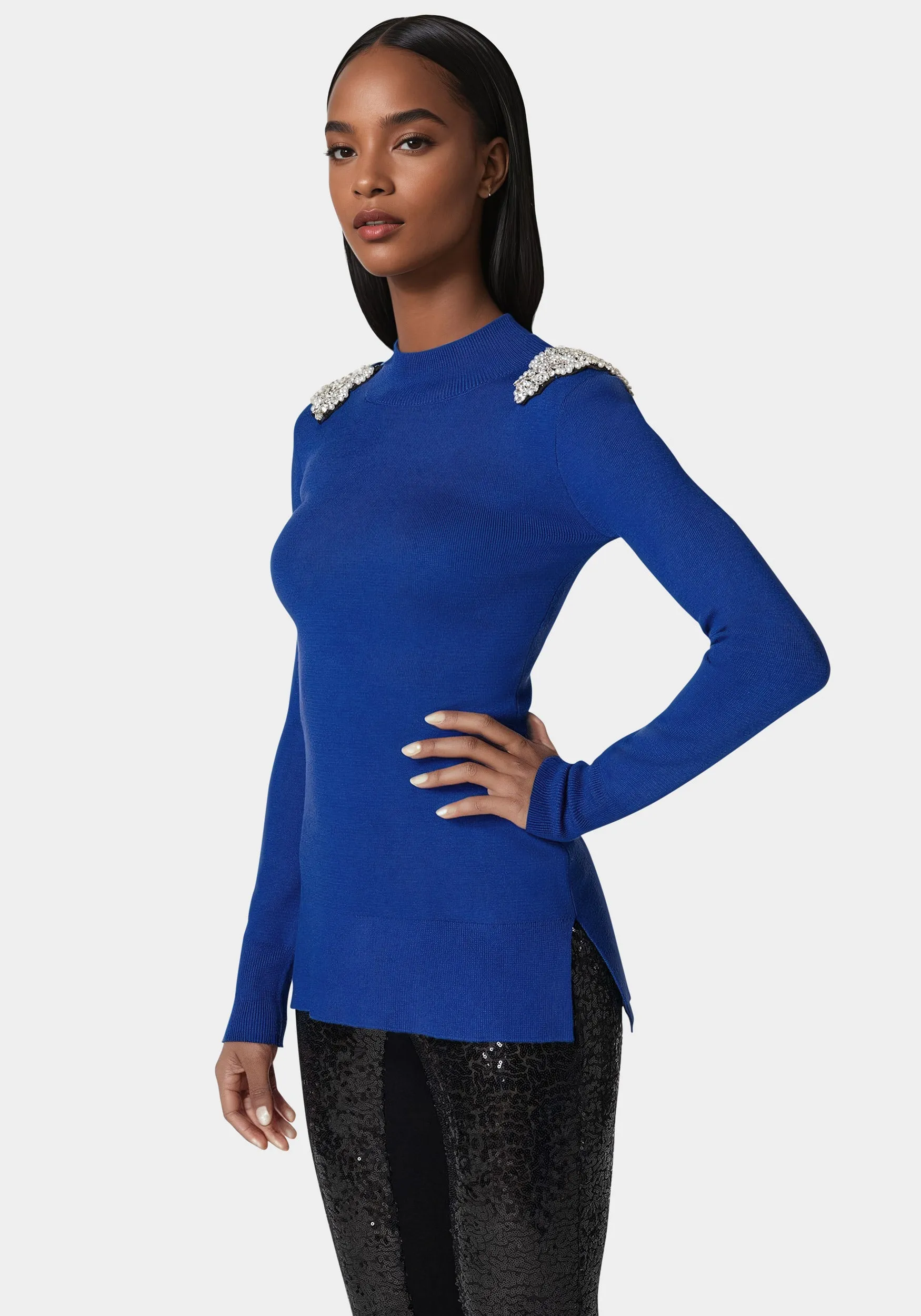 Embellished Mock Neck Tunic Sweater