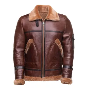 Esa Brown Shearling Sheepskin Bomber Jacket with large pockets