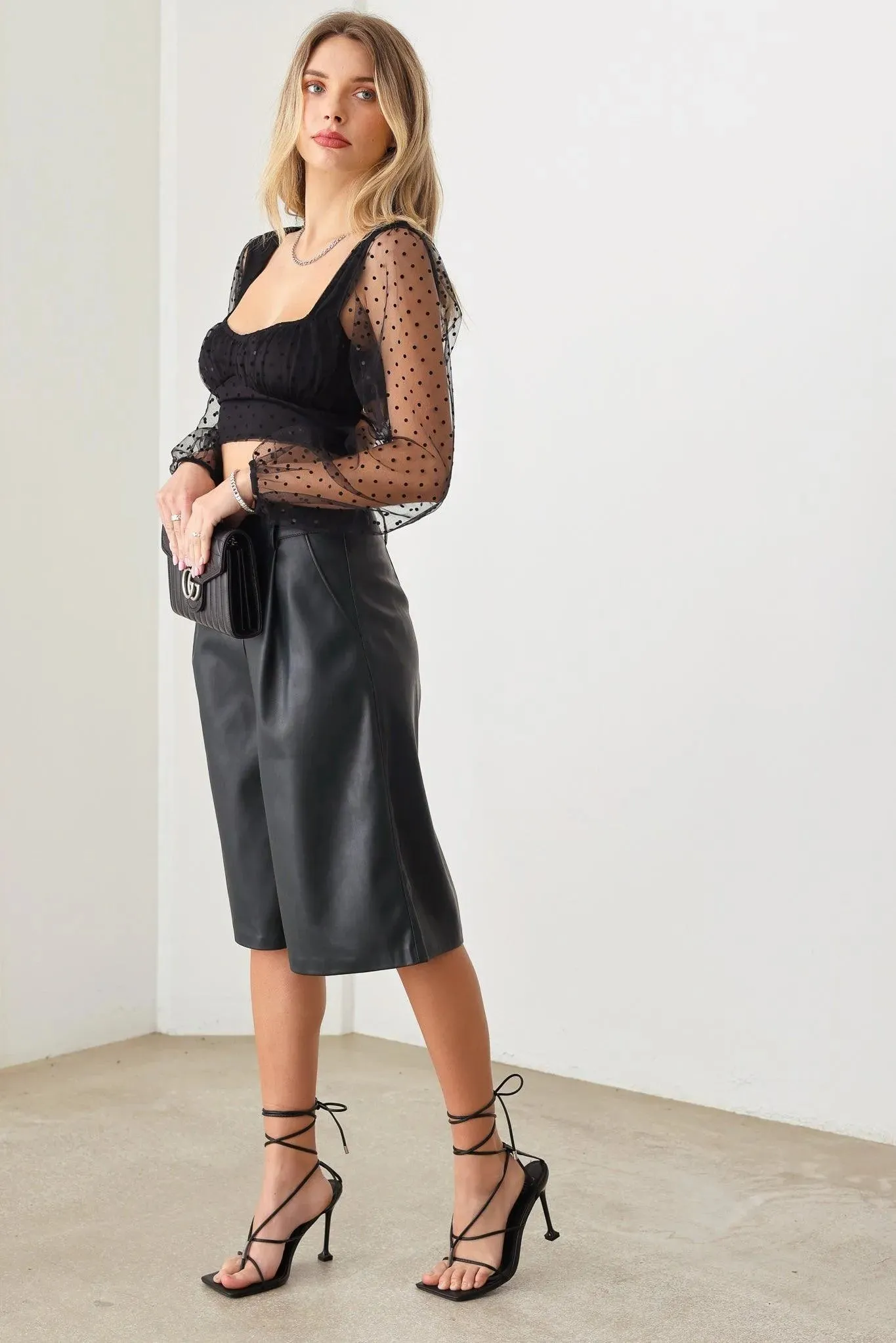 Faux Leather Wide Leg Bermuda Pants