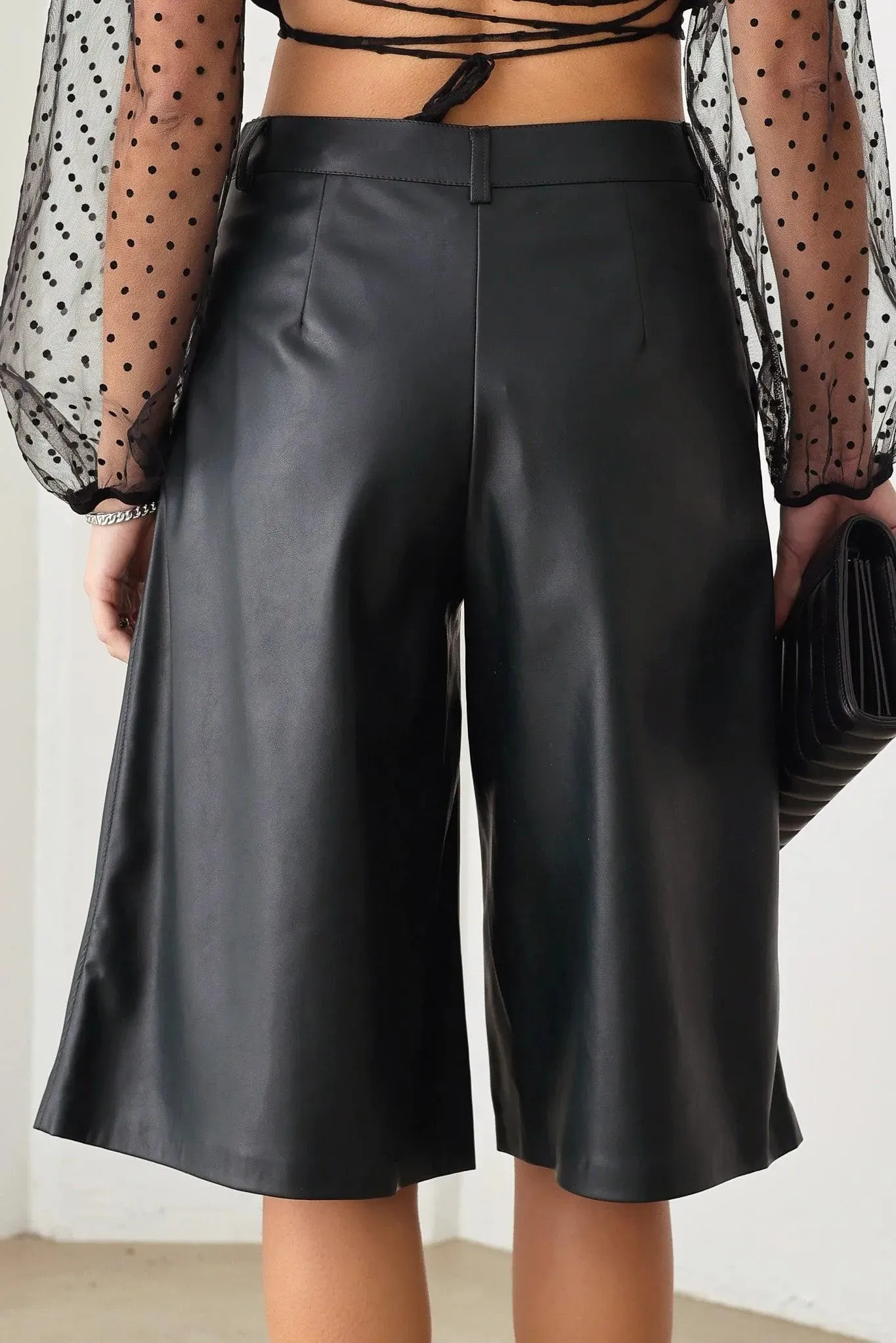 Faux Leather Wide Leg Bermuda Pants