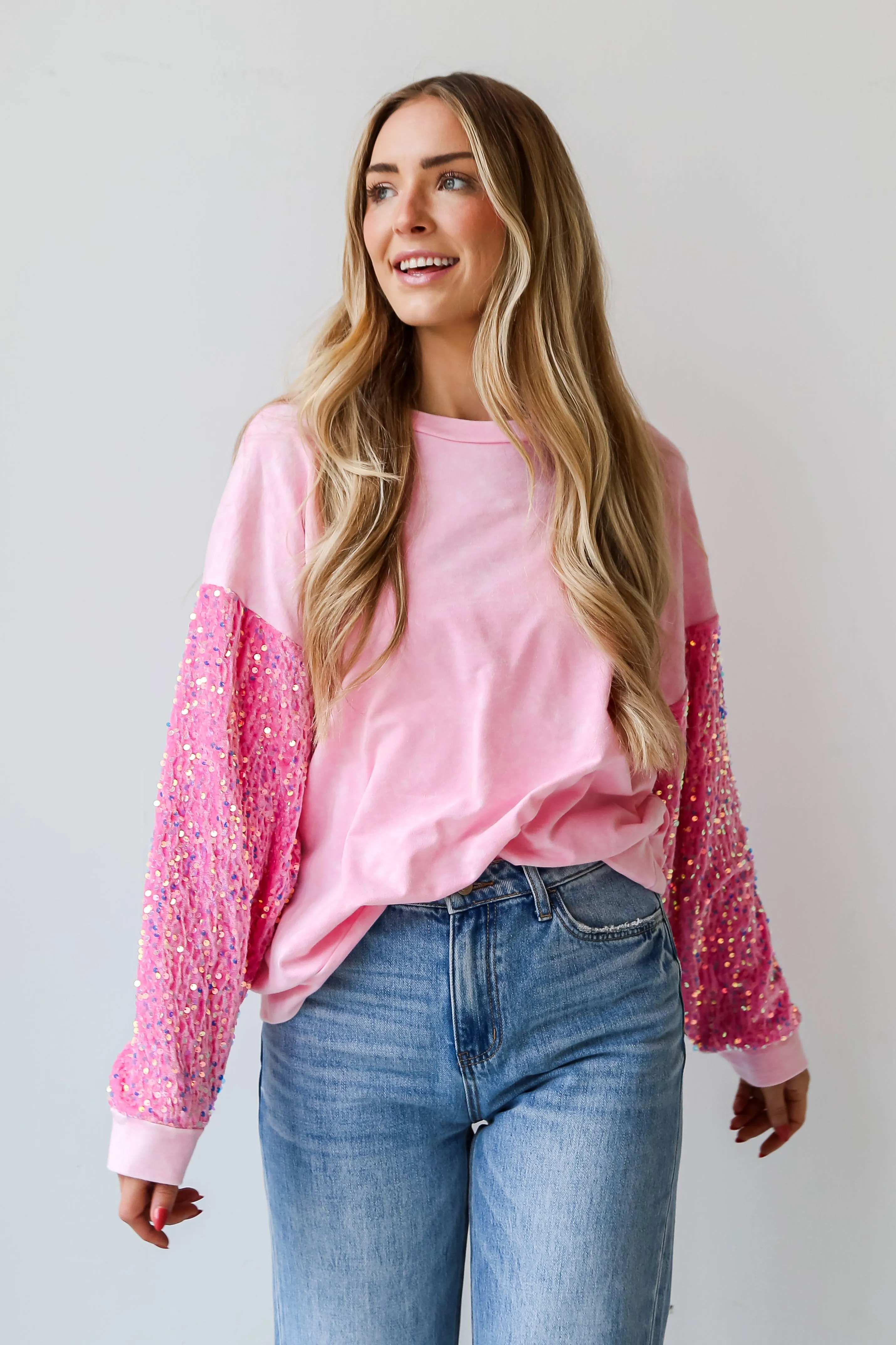 FINAL SALE - Radiant Always Pink Sequin Sleeve Pullover