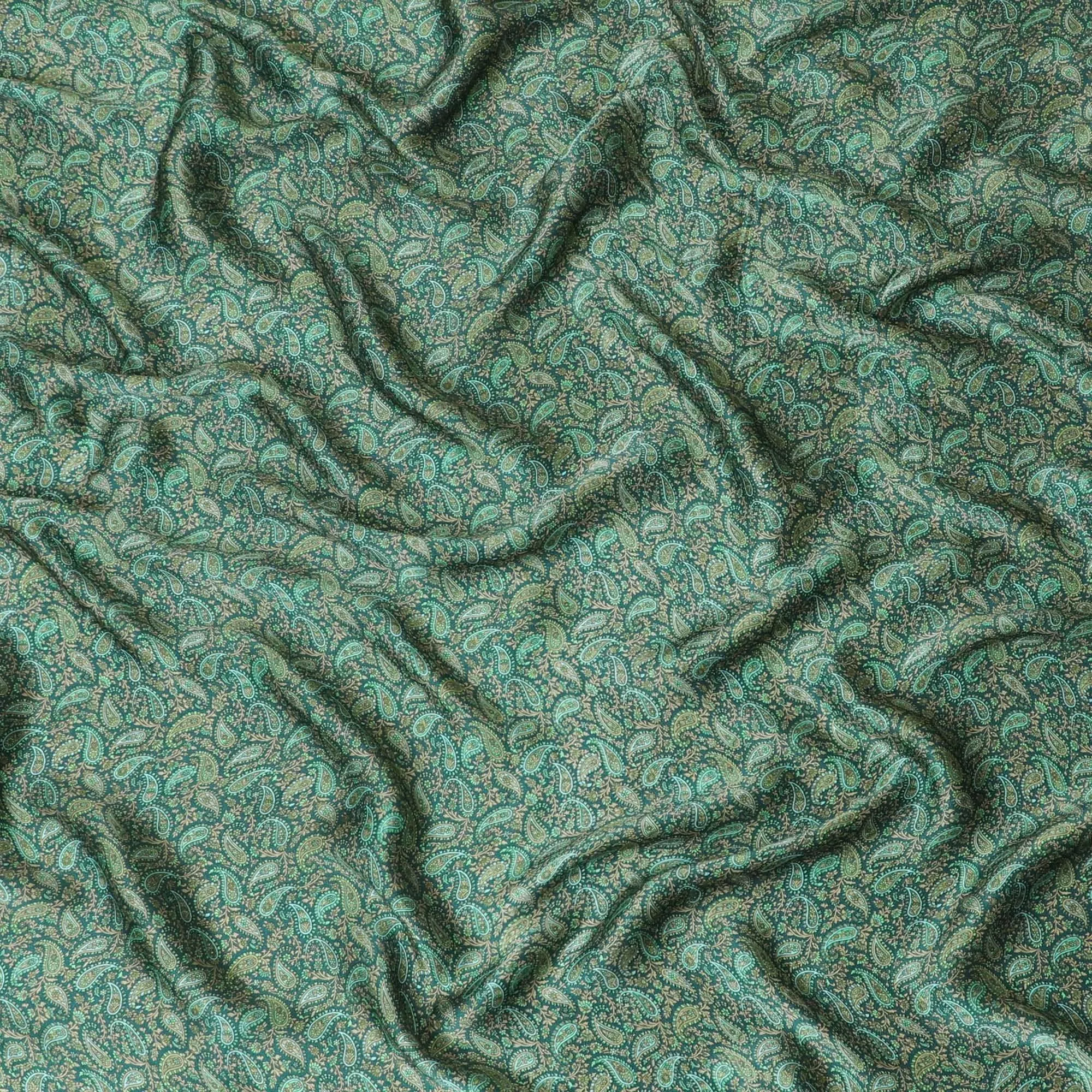 Forest green pure silk satin fabric with beige and sage green print in paisley design-D8223