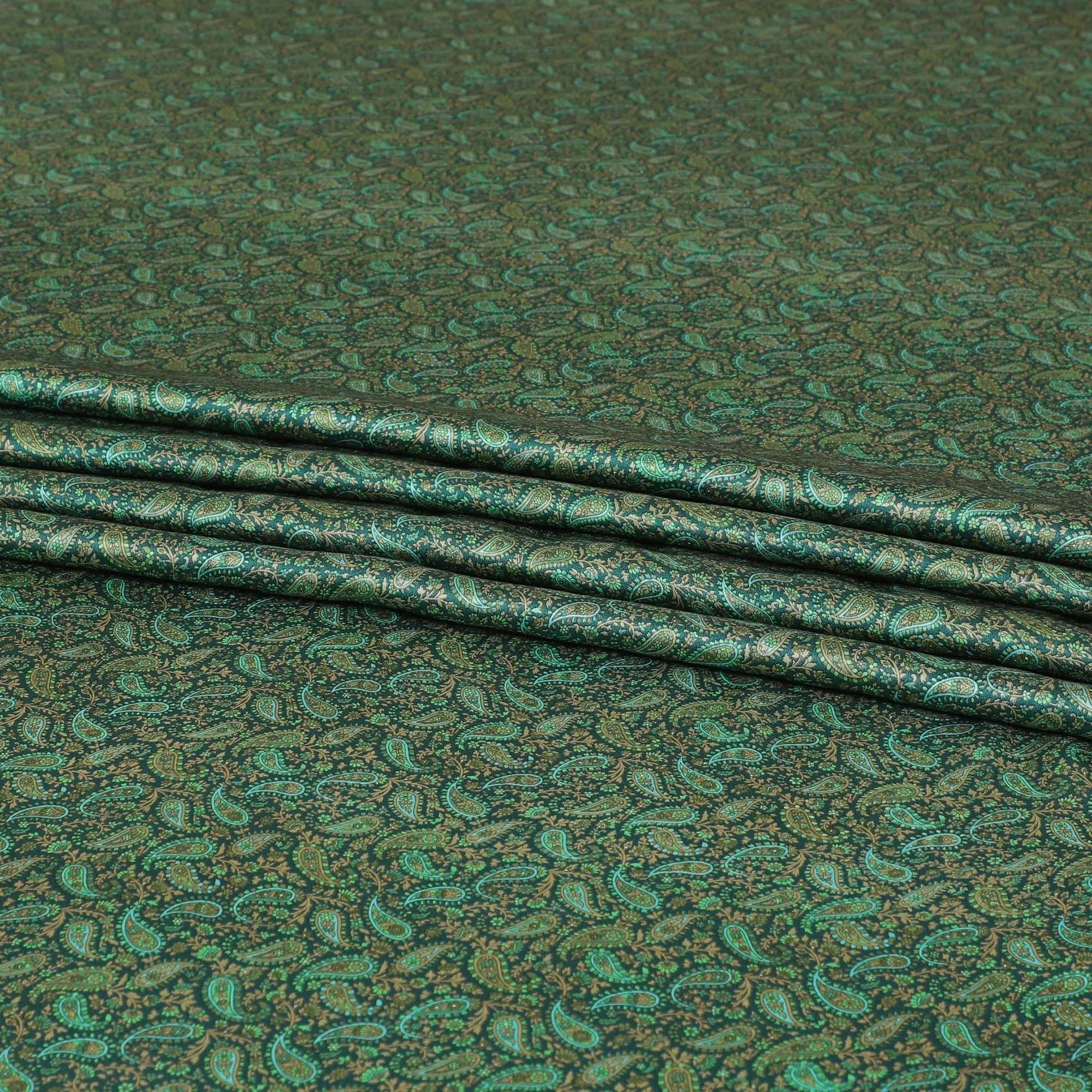 Forest green pure silk satin fabric with beige and sage green print in paisley design-D8223