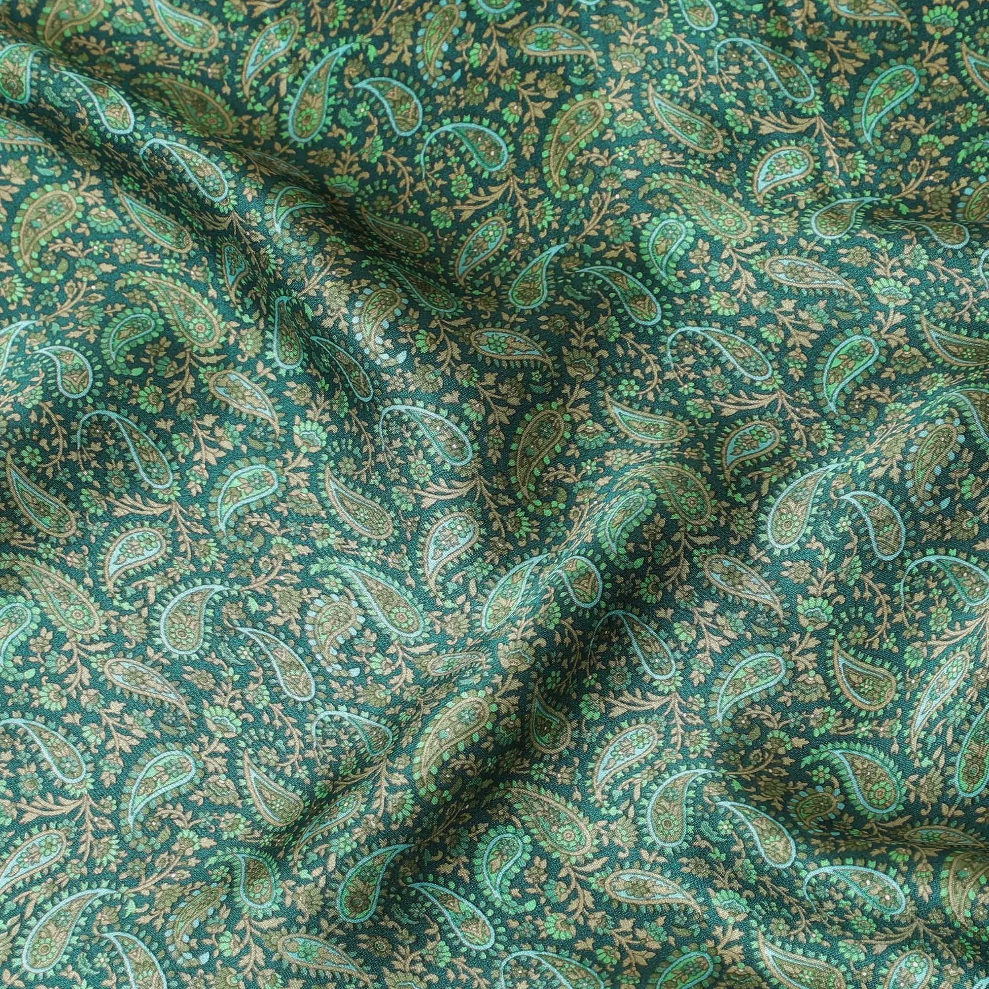 Forest green pure silk satin fabric with beige and sage green print in paisley design-D8223