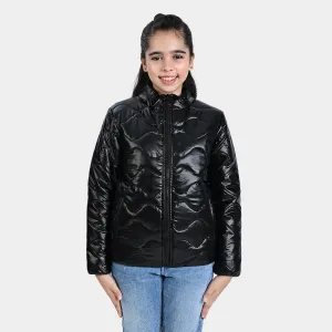 Girls Mix taffeta Quilted Jacket Fuzzy-BLACK