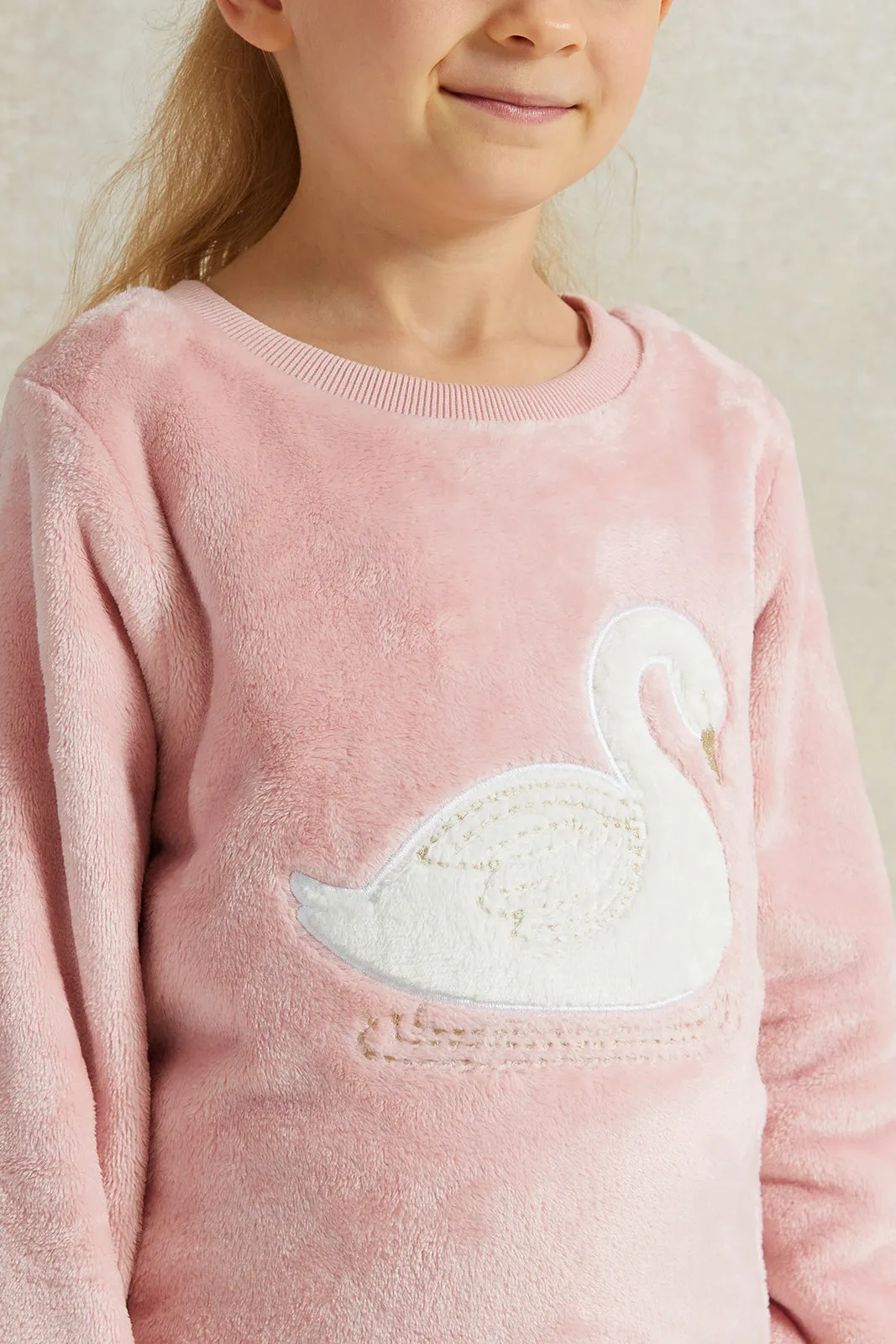 Girls Pink Velvet Crew Neck Sweatshirt