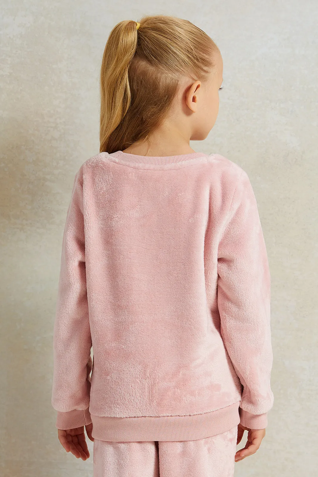 Girls Pink Velvet Crew Neck Sweatshirt