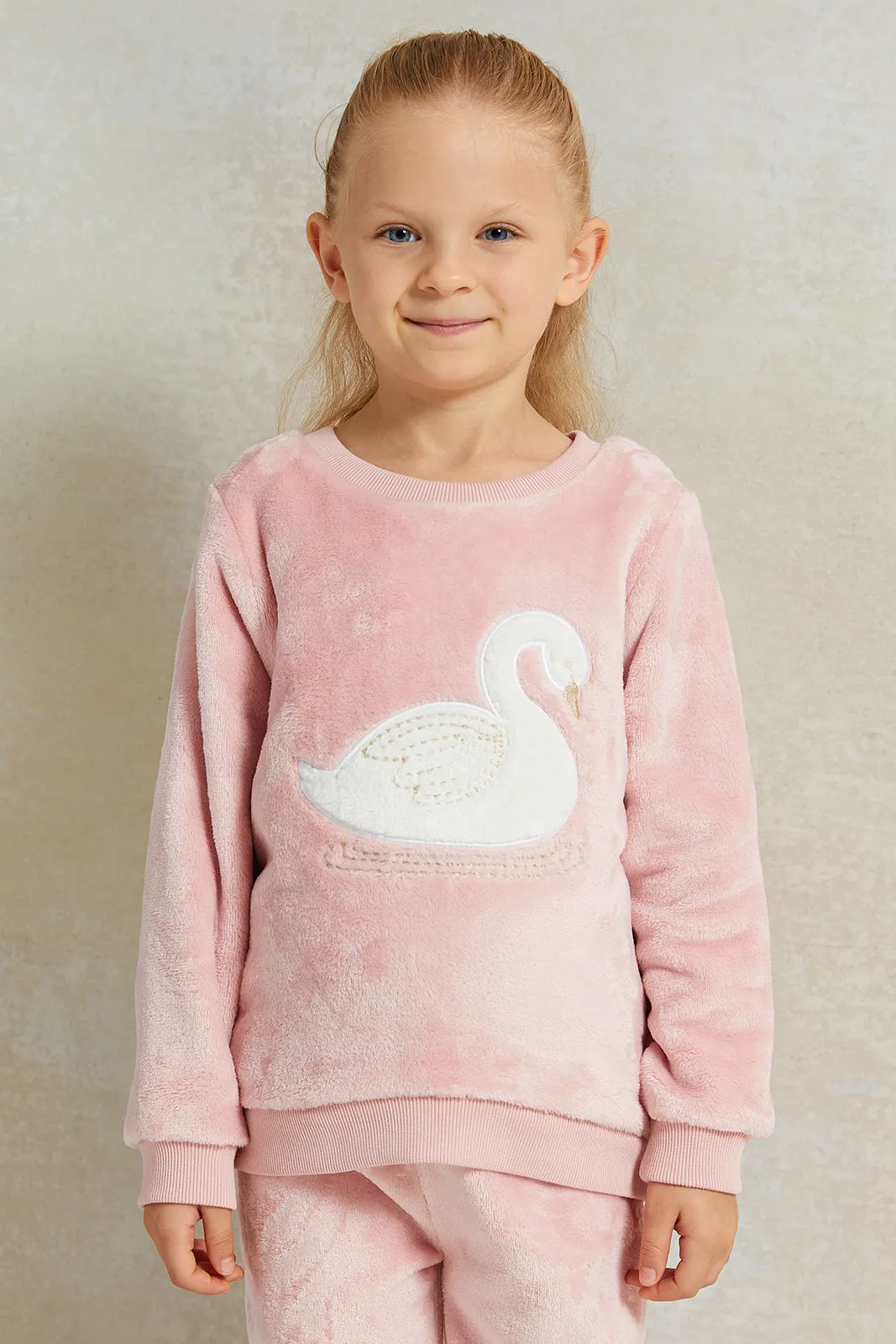 Girls Pink Velvet Crew Neck Sweatshirt