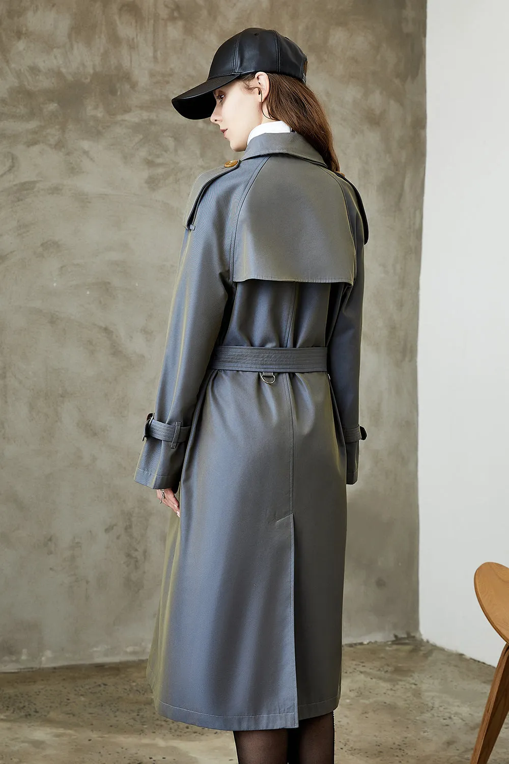 Grey Blue Double Breasted Long Trench Coat with Belt