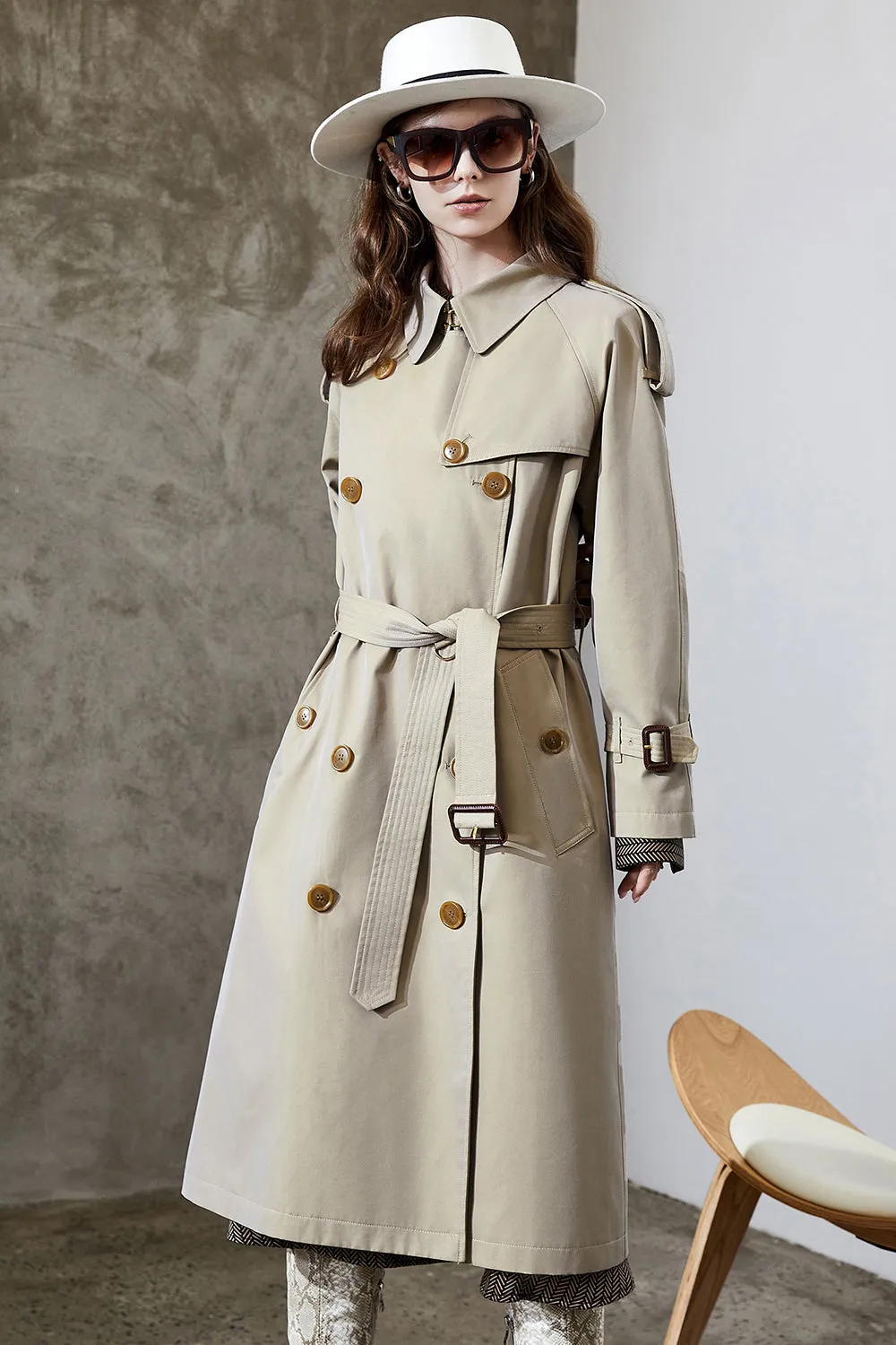 Grey Blue Double Breasted Long Trench Coat with Belt