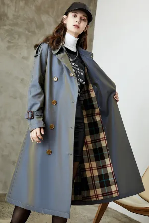 Grey Blue Double Breasted Long Trench Coat with Belt