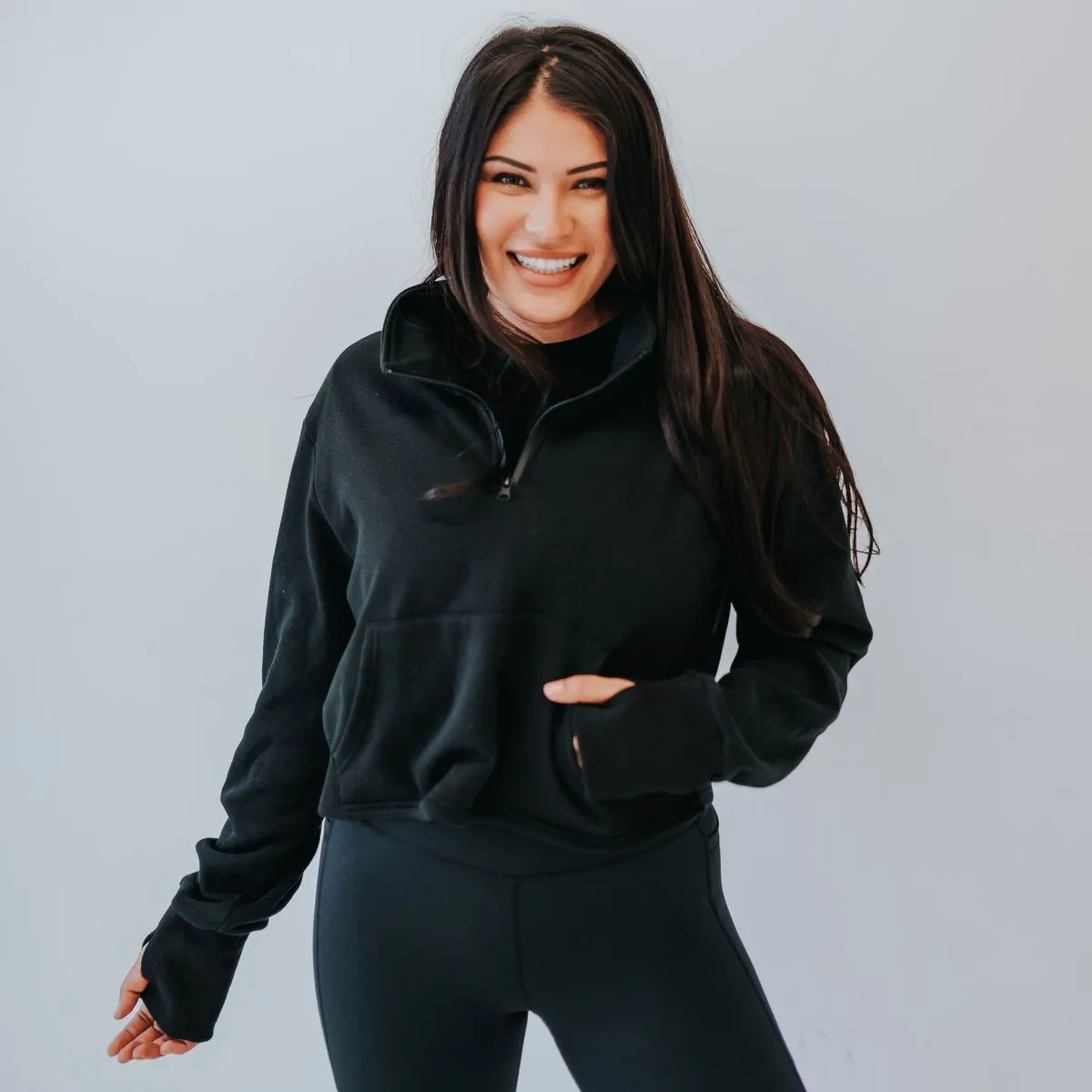 Hailey Cropped Half Zip - Black