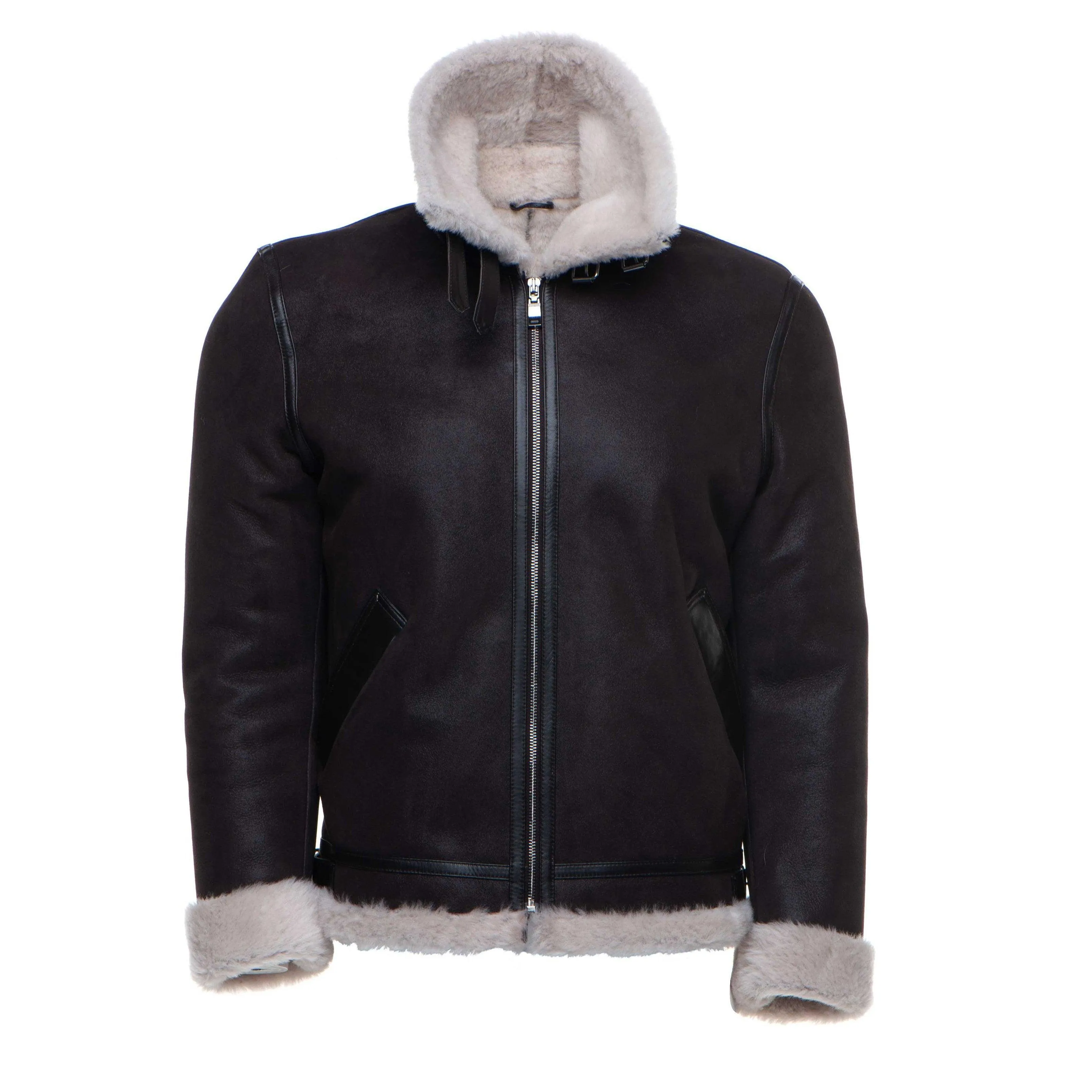 Hampton's Classic Brown Aviator Shearling Bomber Jacket with collar belt