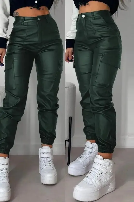 High-Waisted Faux Leather Cargo Pants