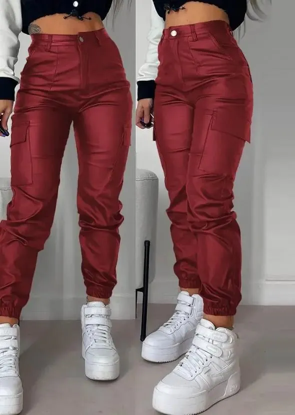 High-Waisted Faux Leather Cargo Pants