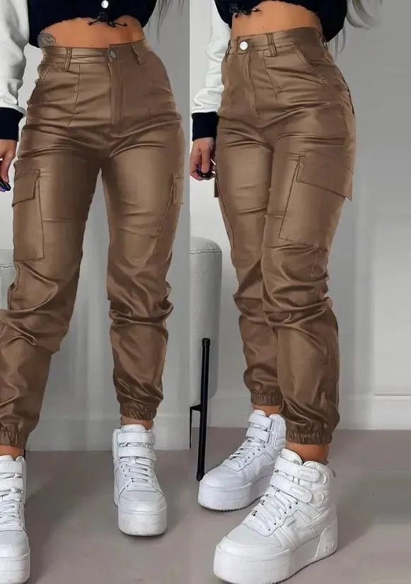 High-Waisted Faux Leather Cargo Pants