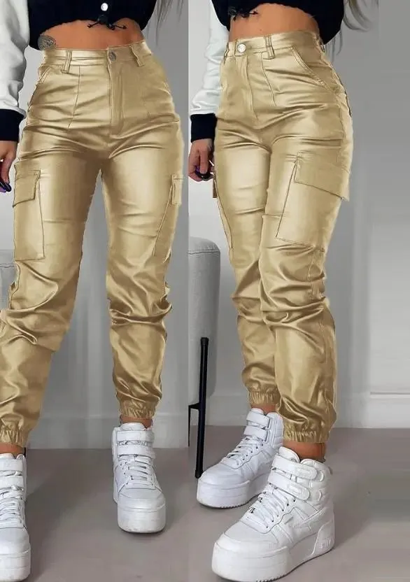 High-Waisted Faux Leather Cargo Pants