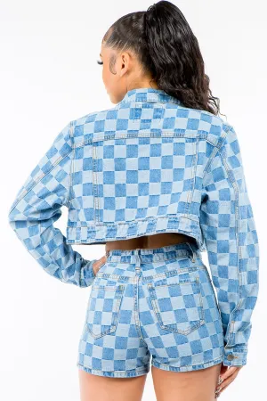 Ivyshape | American Bazi Checkered Long Sleeve Cropped Denim Jacket