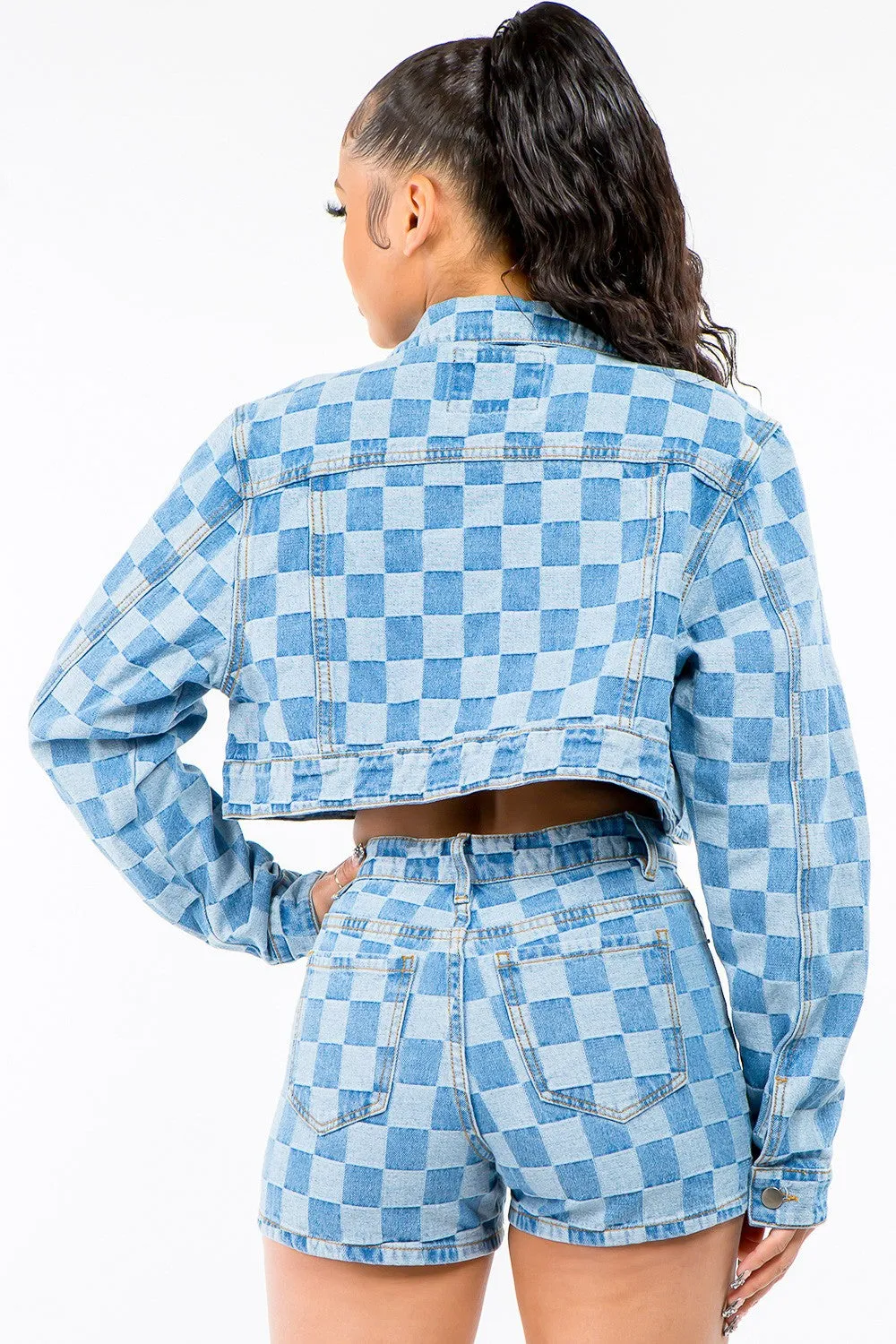 Ivyshape | American Bazi Checkered Long Sleeve Cropped Denim Jacket