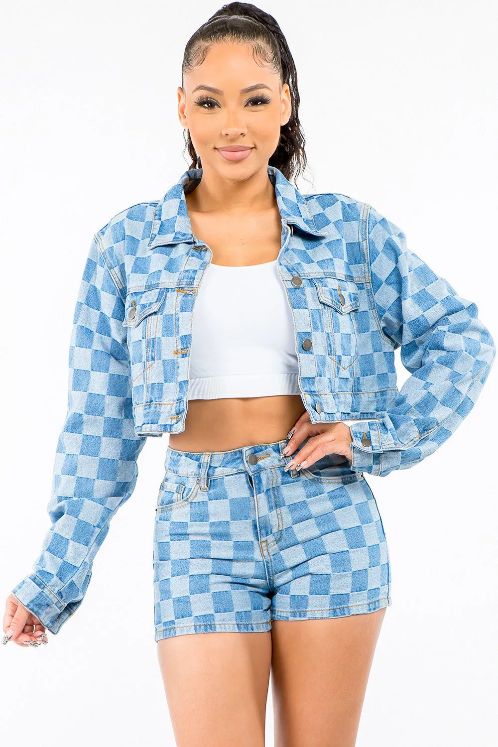 Ivyshape | American Bazi Checkered Long Sleeve Cropped Denim Jacket