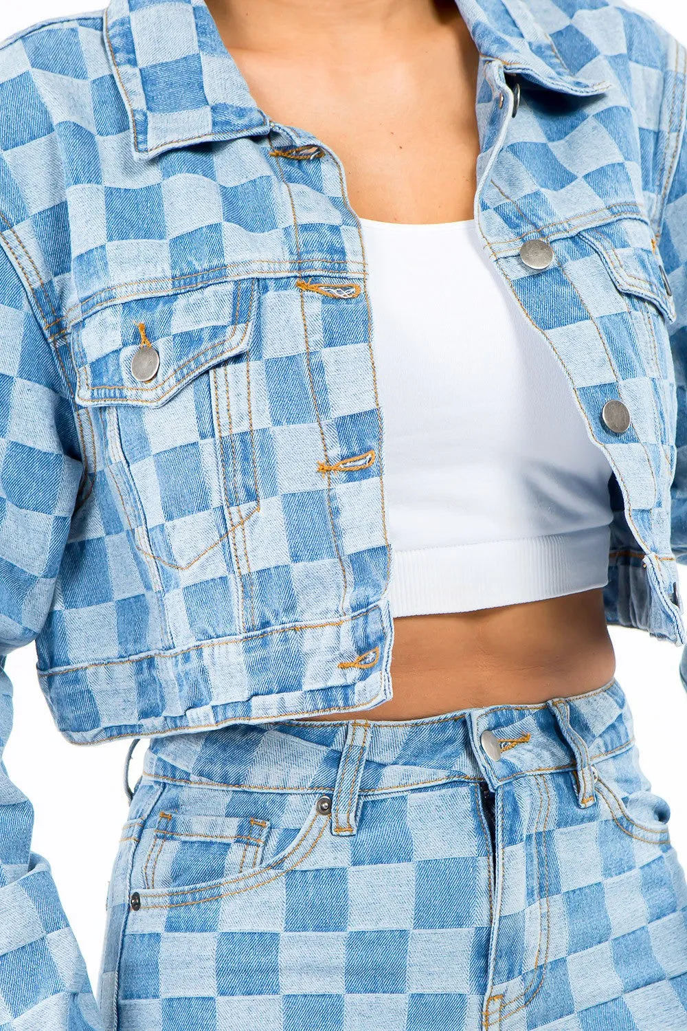 Ivyshape | American Bazi Checkered Long Sleeve Cropped Denim Jacket