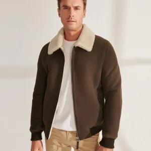 Khaki Brown Sheepskin Shearling Bomber Jacket for Men