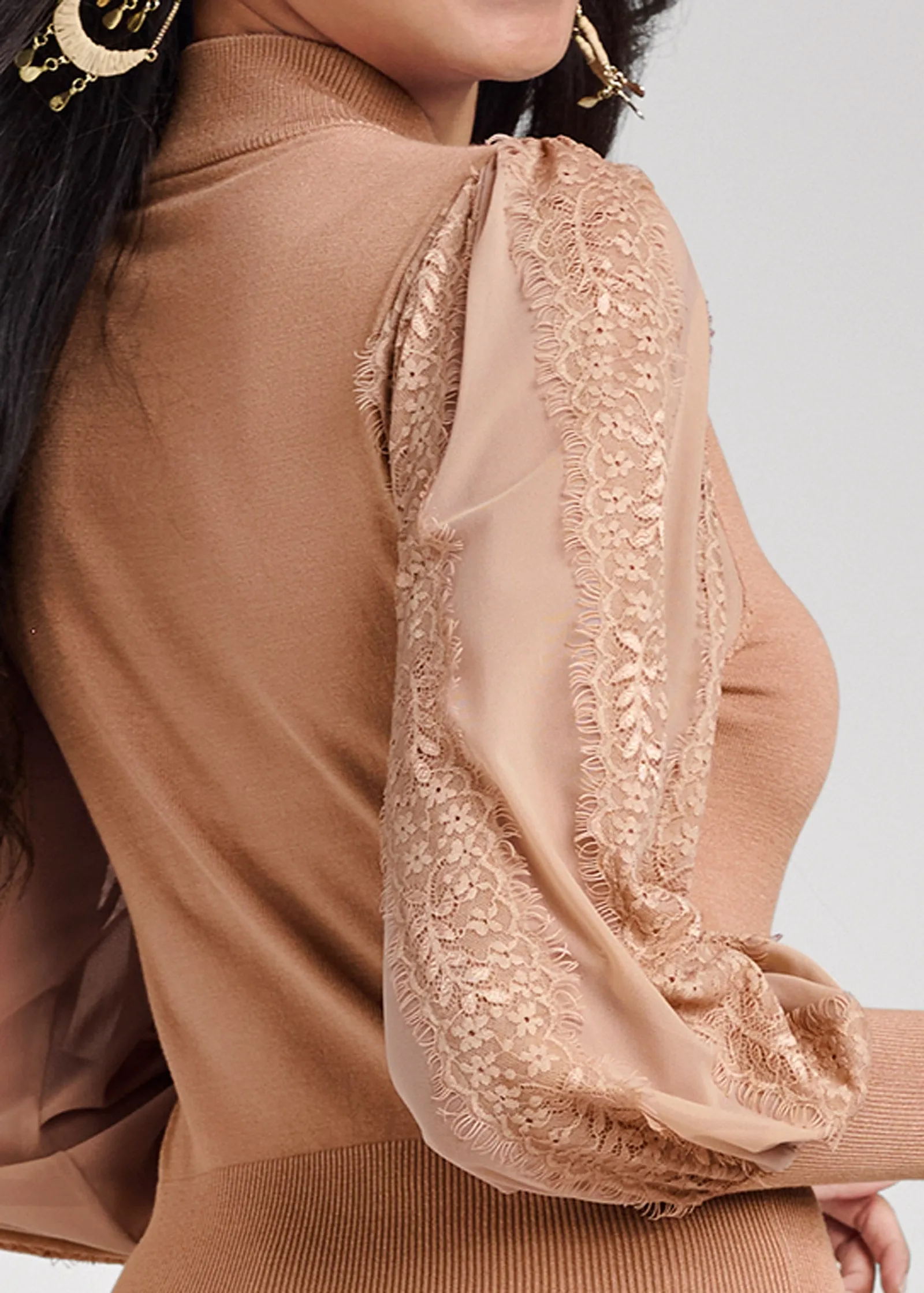 Lace Balloon Sleeve Sweater  - Tan