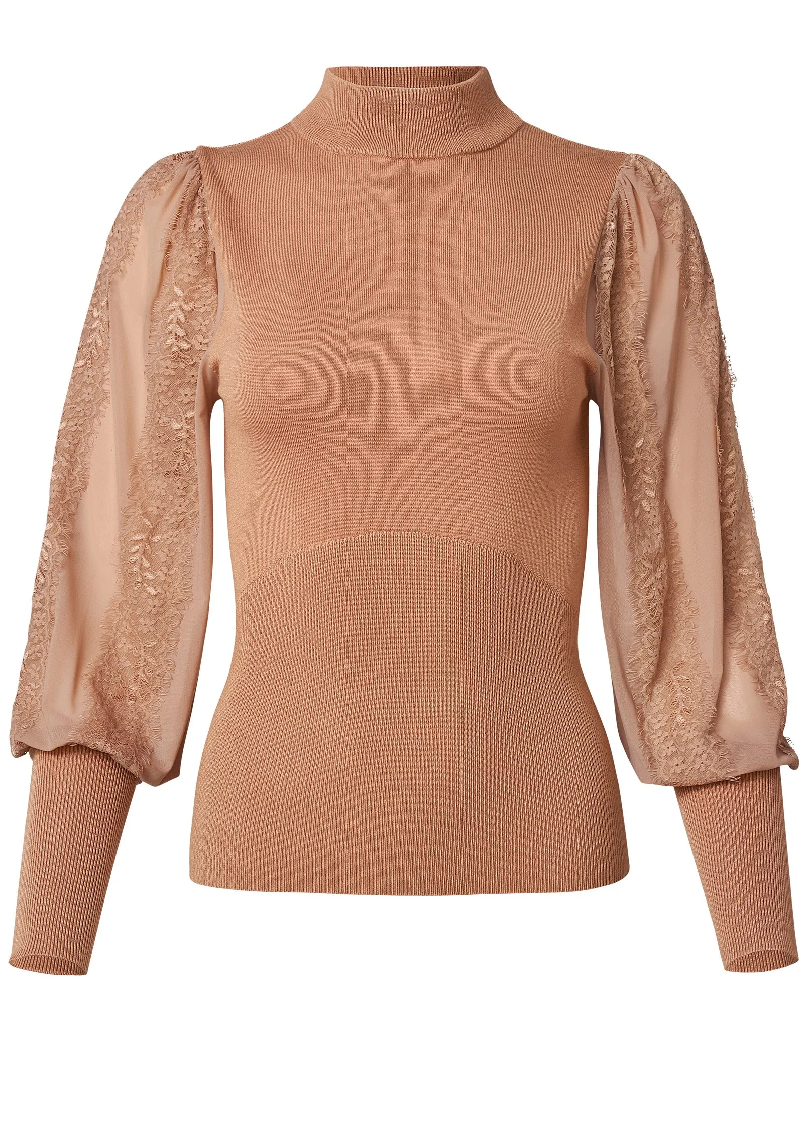 Lace Balloon Sleeve Sweater  - Tan