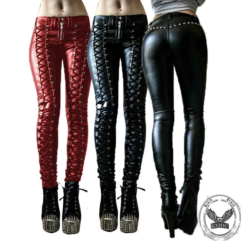 Lace-up Studded Skinny PU Leather Pants