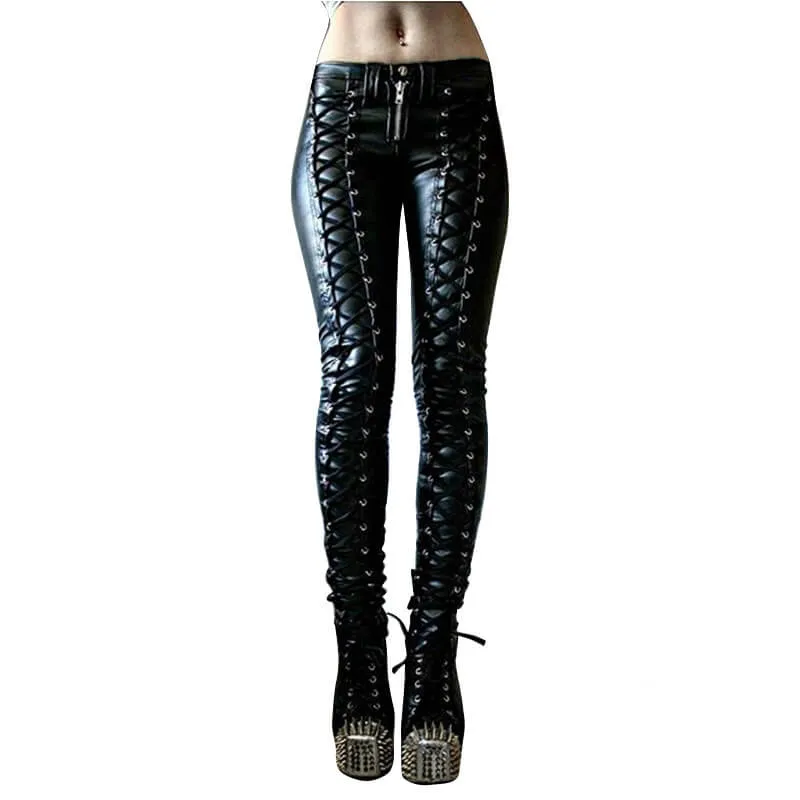 Lace-up Studded Skinny PU Leather Pants