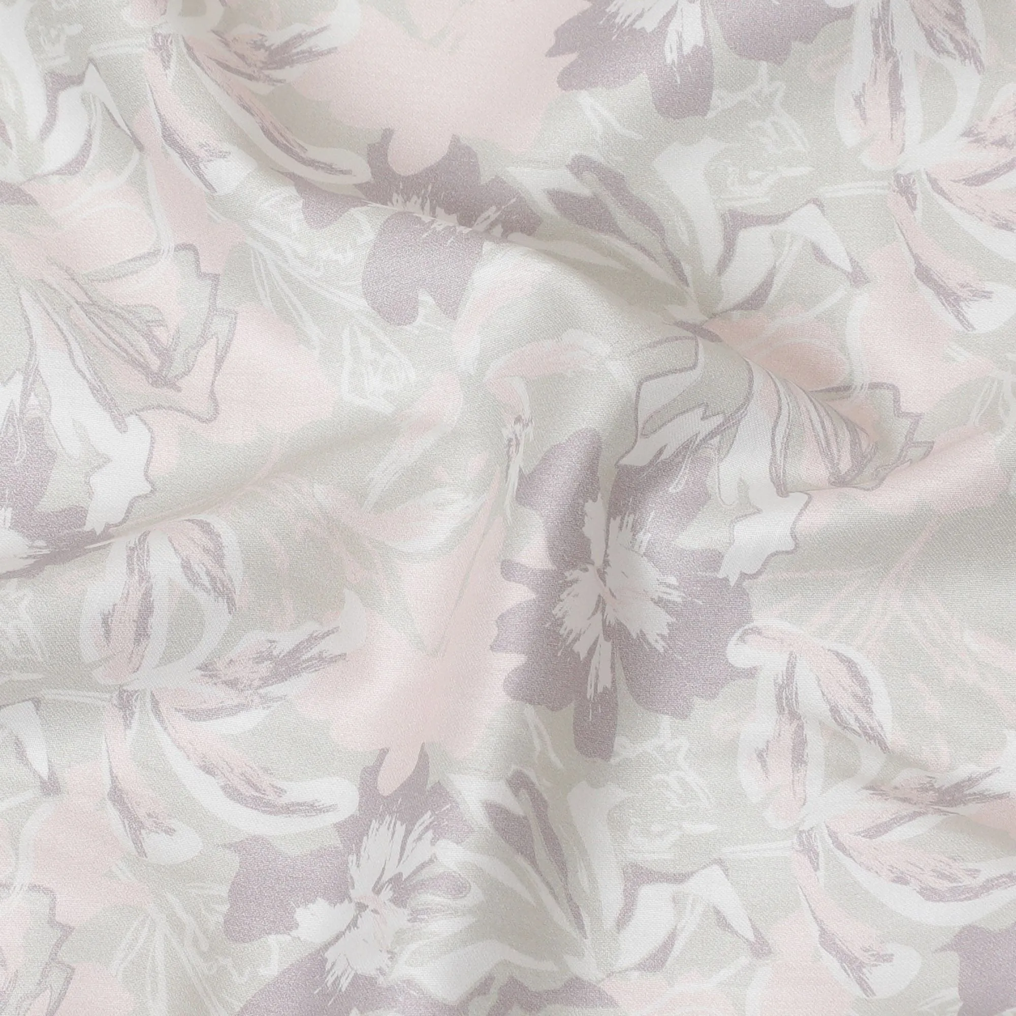 Laurel green cotton satin fabric with light peach, mauve and off white print in floral design-D16768