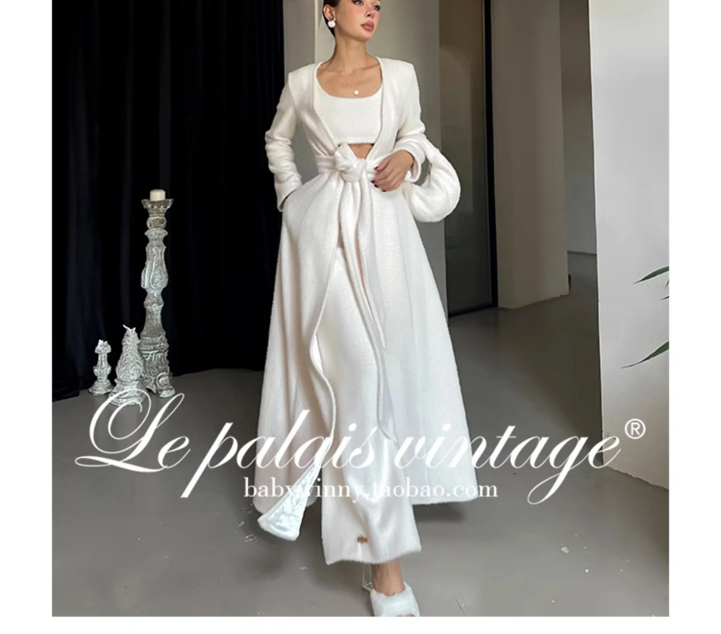 Le Palais Vintage Luxury Soft Slim Plush Drape Wrap  Long White and Pink Coat-Hazai