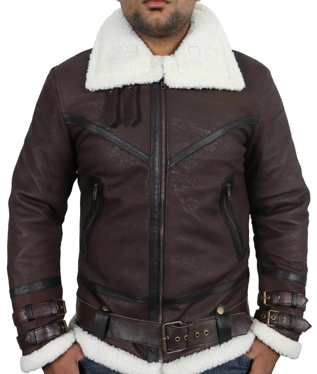 Leather Jackets Hub Mens Genuine Lambskin Leather Jacket (Choco-Snaff, Aviator Jacket) - 1701030