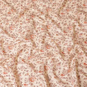 Light beige cotton satin fabric with brown and peach print in floral design-D15286