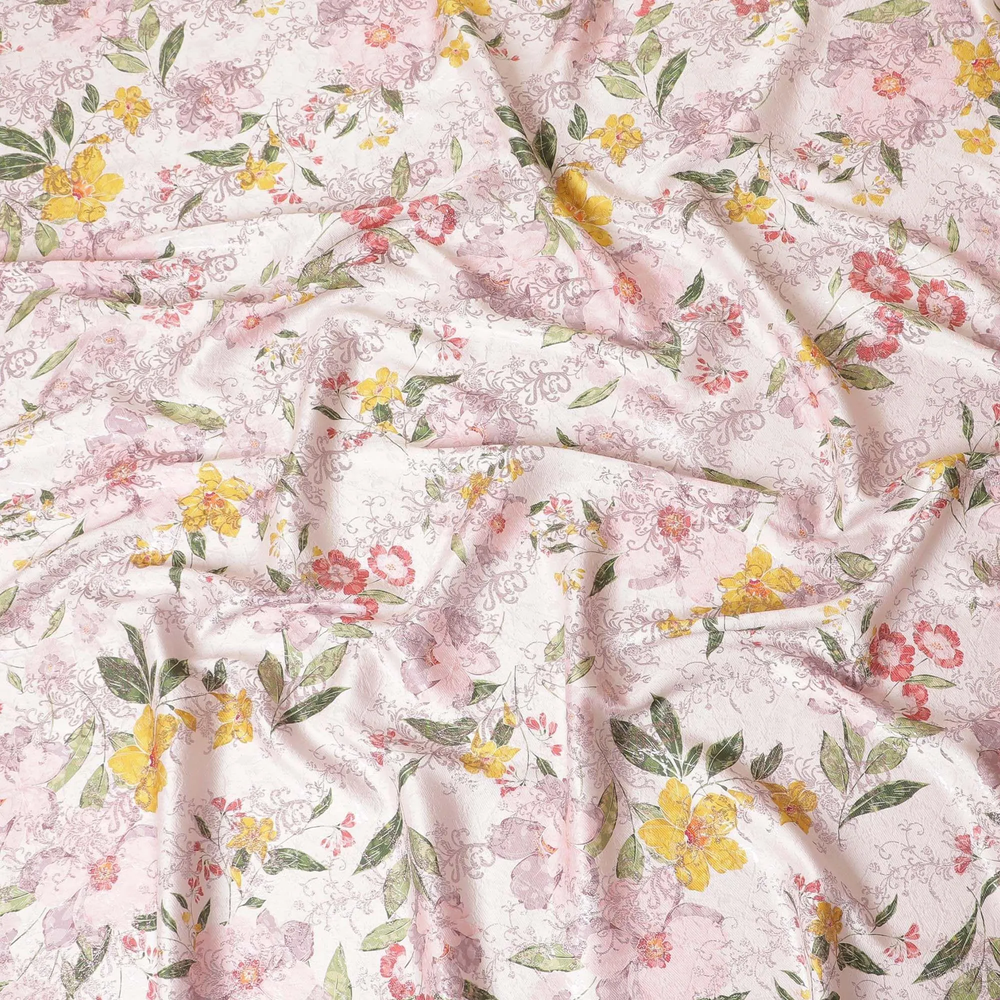 Light pink premium pure silk satin fabric with multicolor print having rose pink film metallic in floral design-D9420