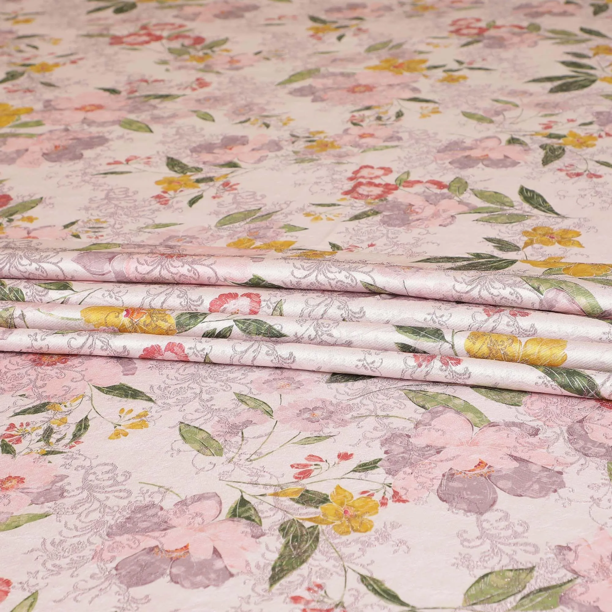 Light pink premium pure silk satin fabric with multicolor print having rose pink film metallic in floral design-D9420