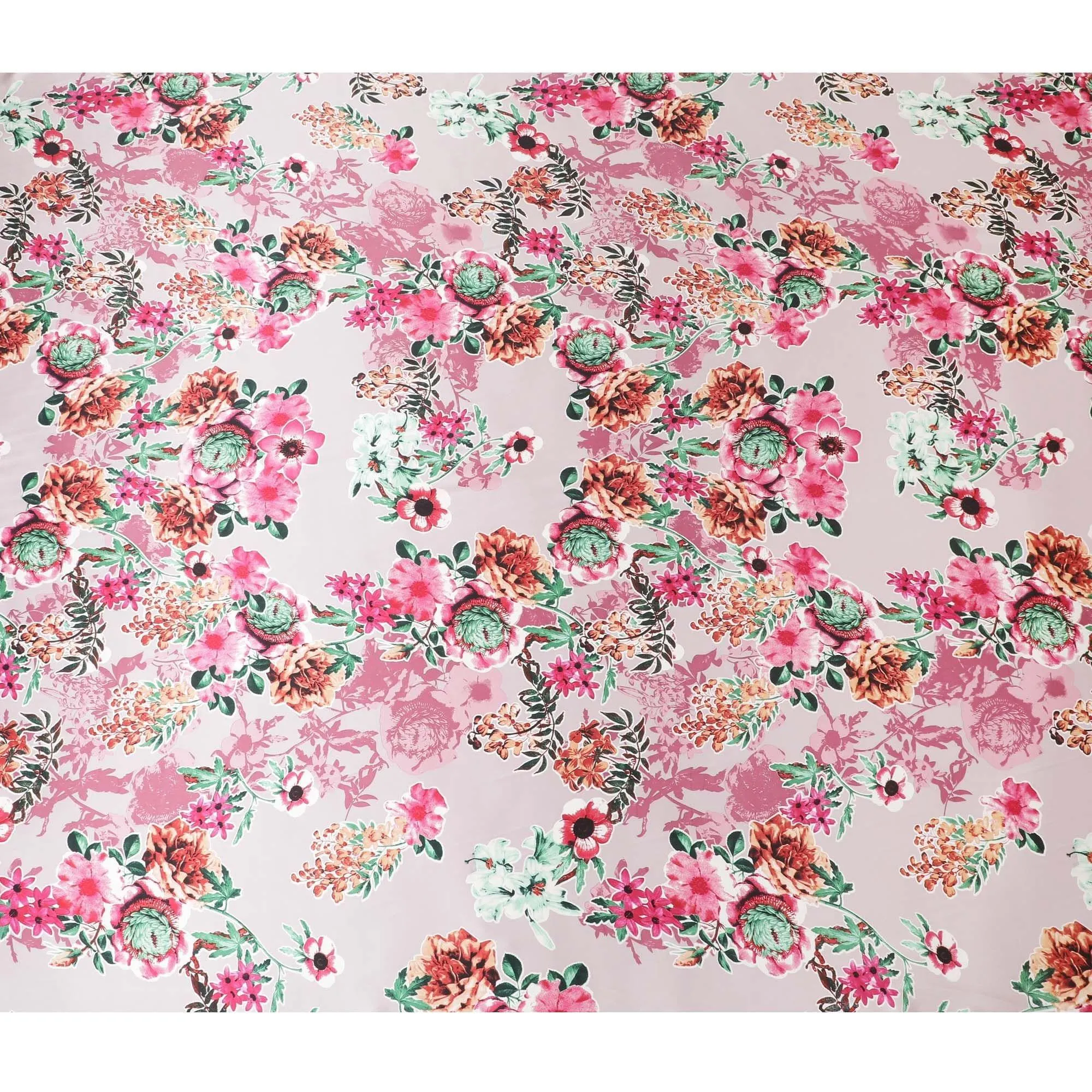 Light pink pure silk satin fabric with multicolor print in floral design-D11039