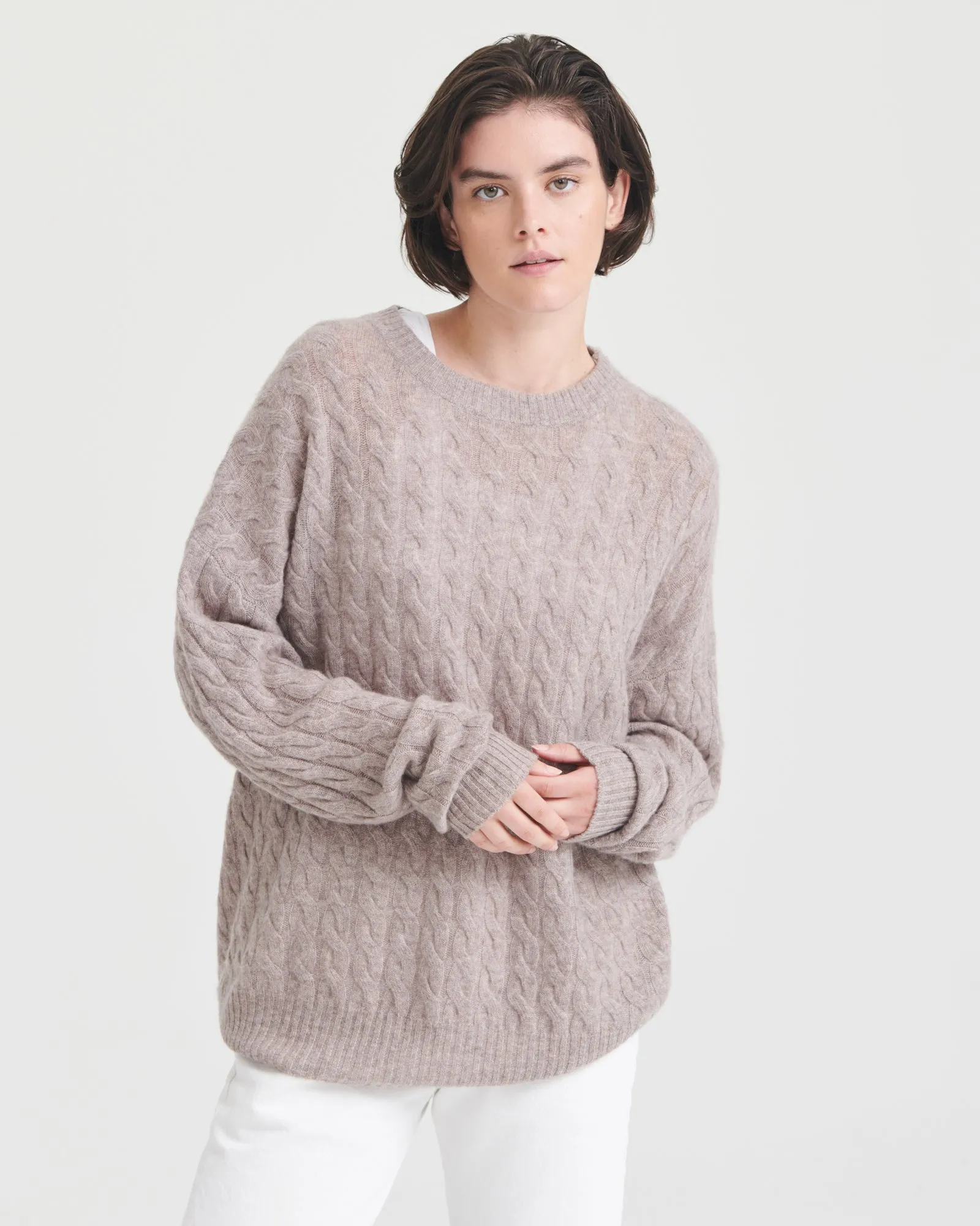 Lightweight Cashmere Cable Knit Oversized Crewneck